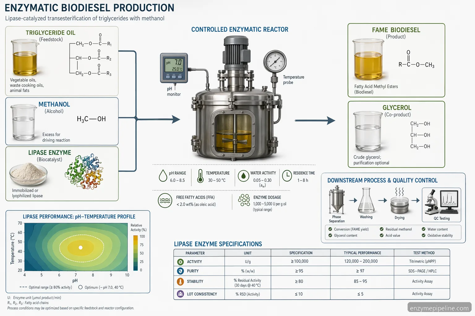 biofuel enzymes supplier for biodiesel mechanism showing enzymatic transesterification, pH, temperature, and QC checkpoints