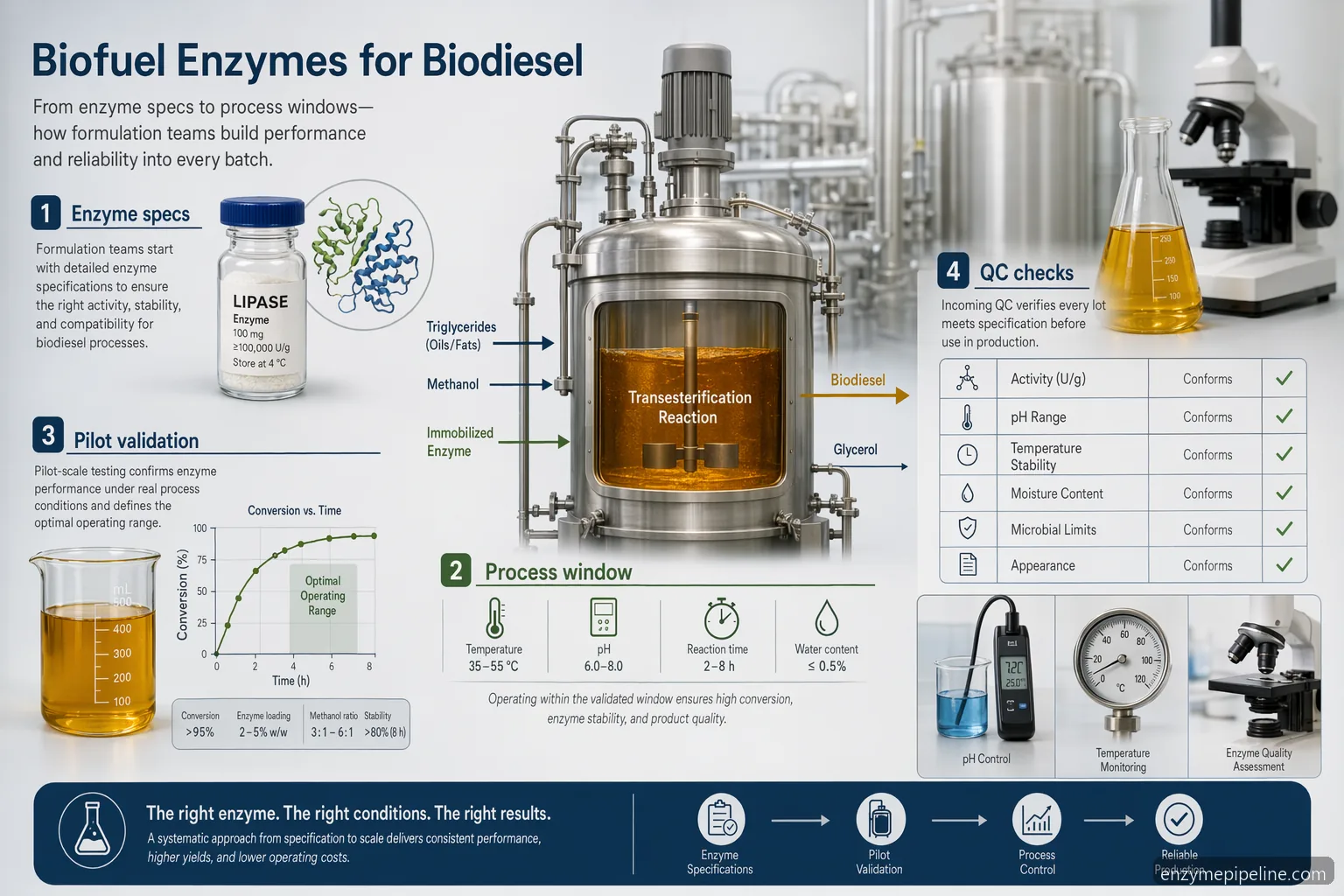 biofuel enzymes supplier for biodiesel guide showing supplier specs, pilot validation, QC checks, and process windows