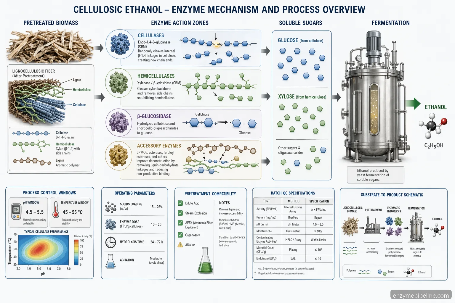 Biofuel enzymes supplier for cellulosic ethanol guide mapping biomass hydrolysis, pH, temperature, and QC specs