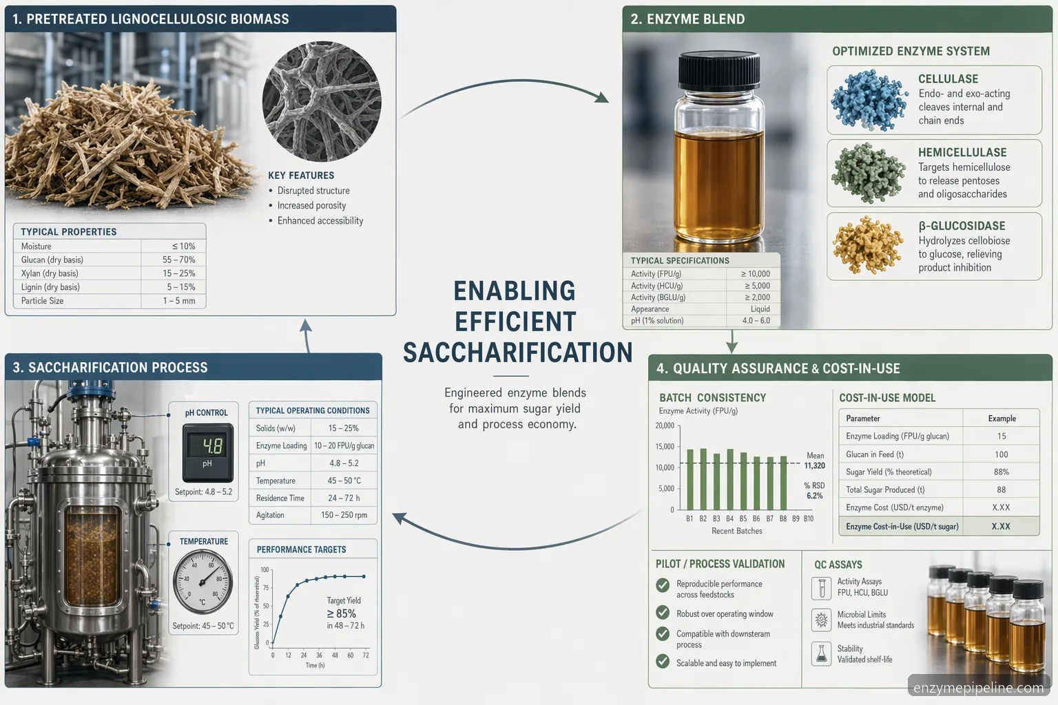 Biofuel enzymes supplier for cellulosic ethanol guide showing feedstock, enzyme blend, QC, and cost-in-use checks