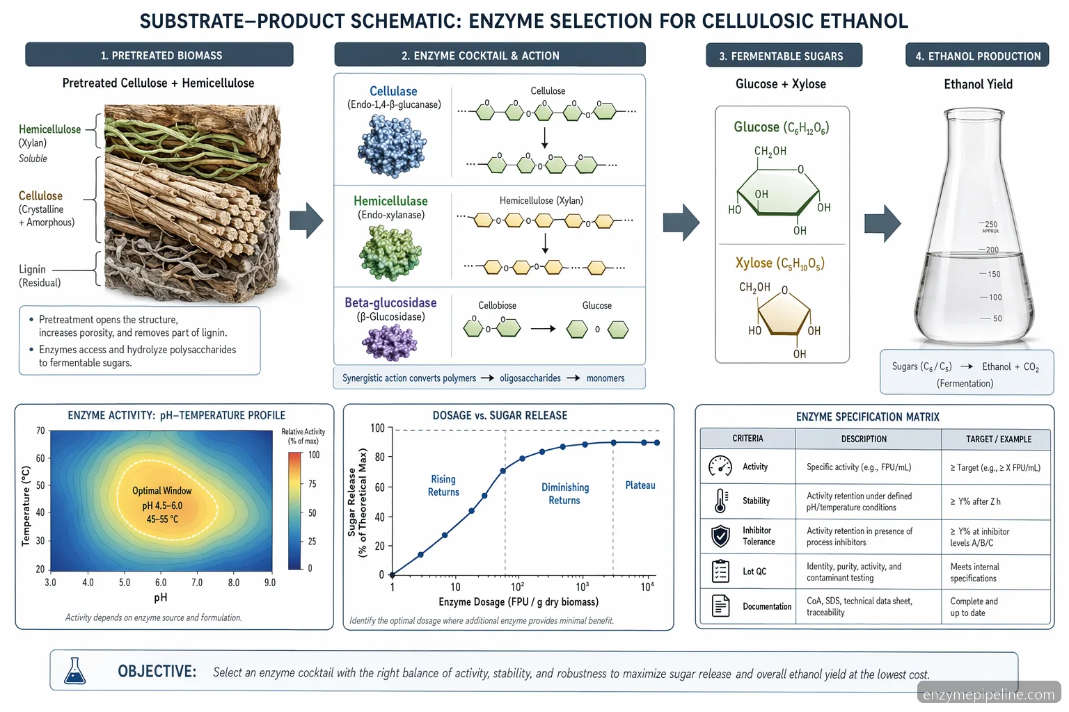 biomass enzyme for cellulosic ethanol process diagram, showing hydrolysis from pretreated fiber to fermentable sugars