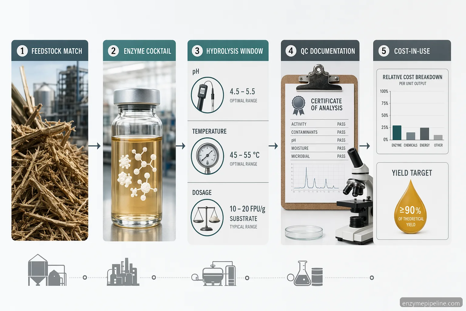 biomass enzyme for cellulosic ethanol buyer guide, comparing feedstock, hydrolysis conditions, QC, and cost-in-use