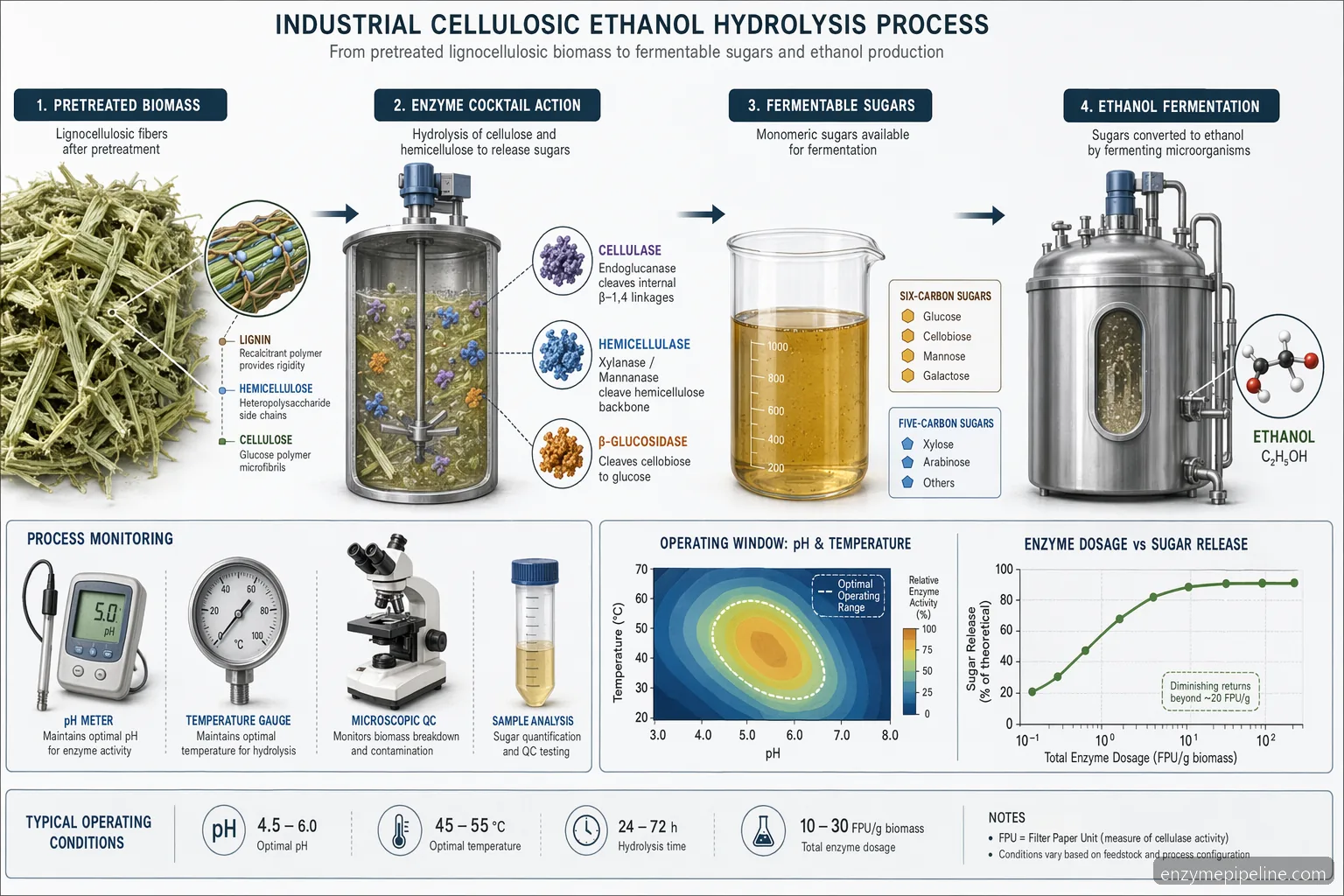 biomass enzyme supplier for cellulosic ethanol process guide, hydrolysis diagram with pH, temperature, dosage, and sugars