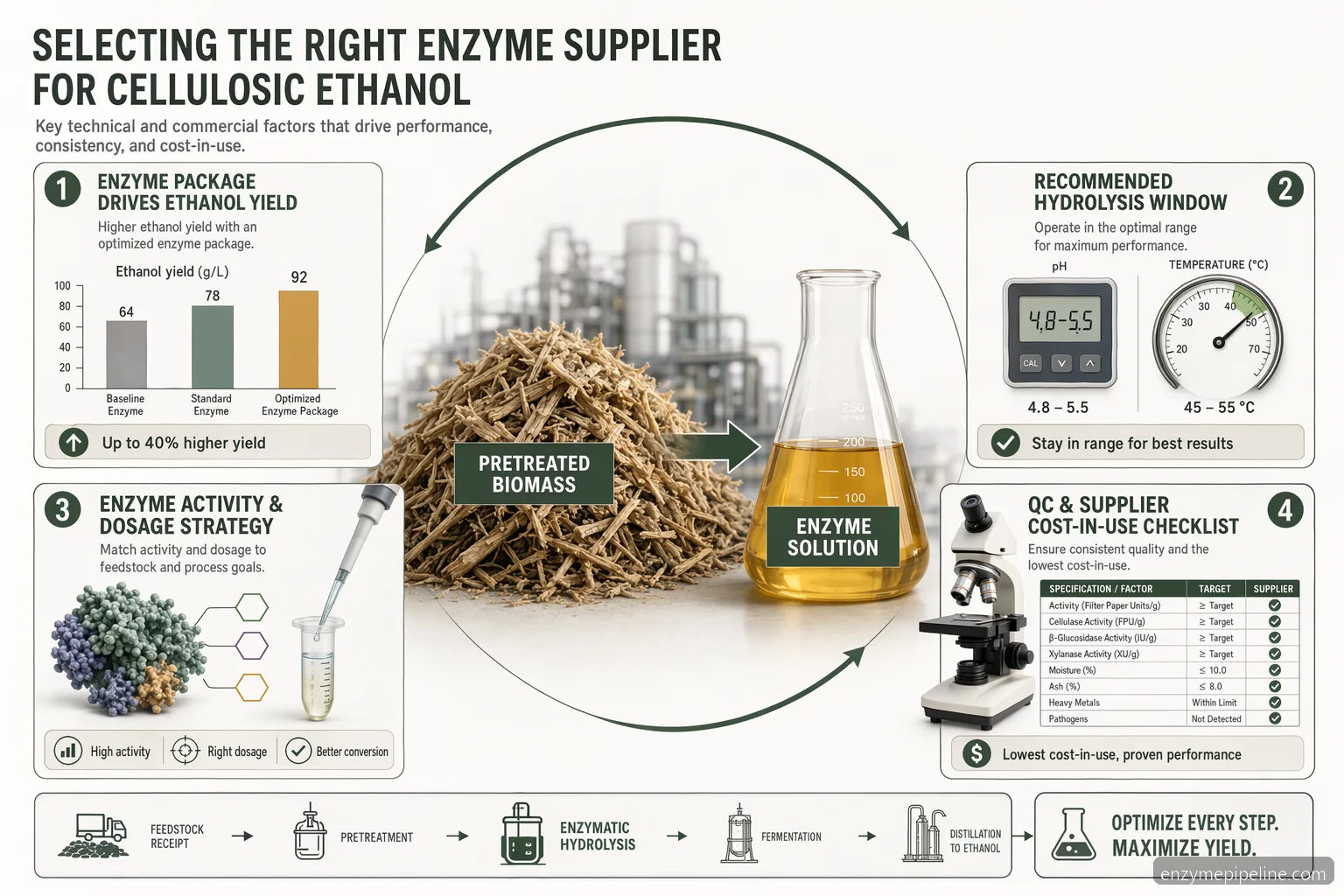 biomass enzyme supplier for cellulosic ethanol process guide, infographic showing yield, QC, dosage, and cost-in-use