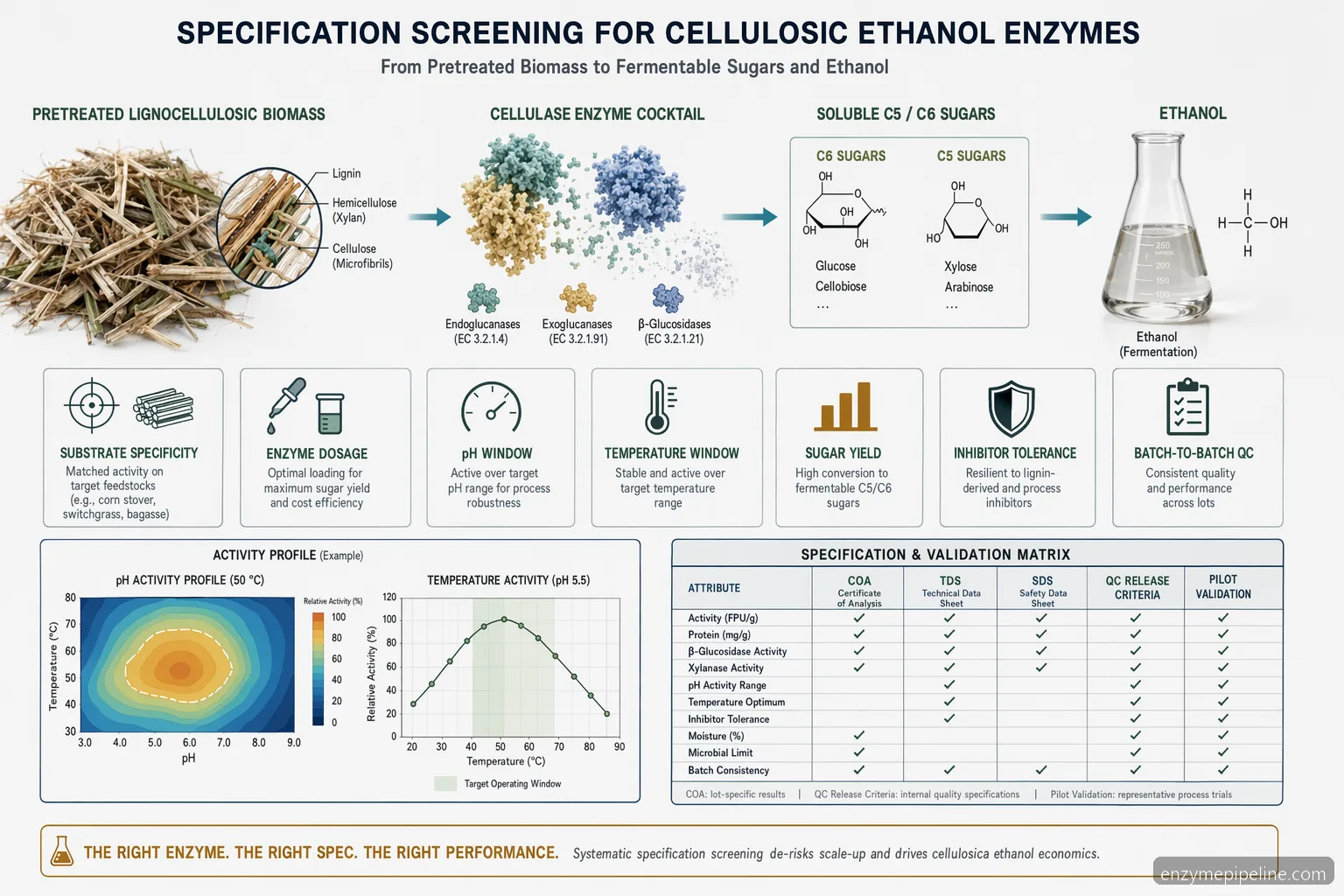 cellulosic ethanol enzyme for cellulosic ethanol specification checklist mapping biomass hydrolysis, pH screening, dosage, and yield