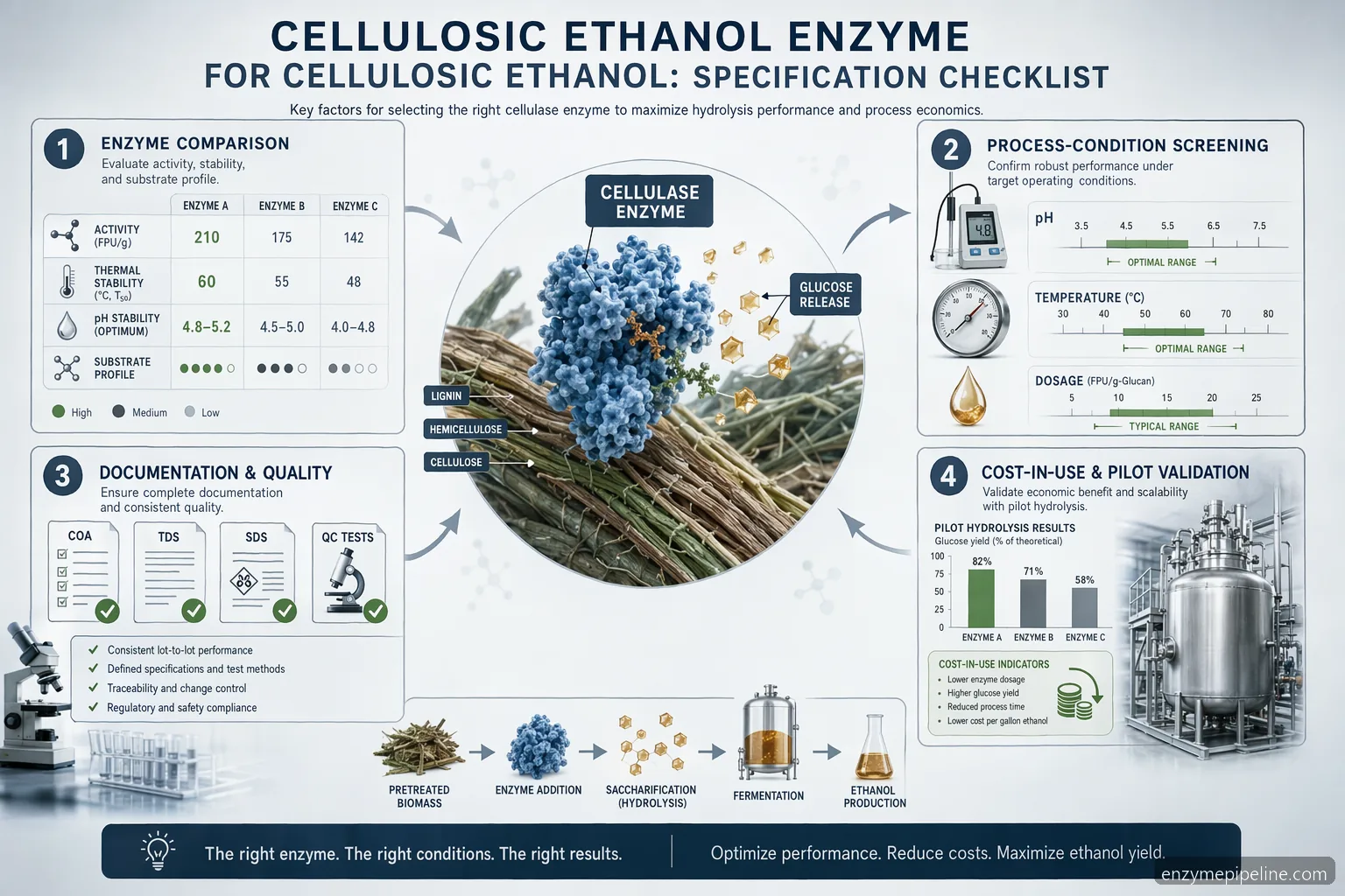cellulosic ethanol enzyme for cellulosic ethanol specification checklist showing enzyme comparison, QC docs, cost, and pilot validation