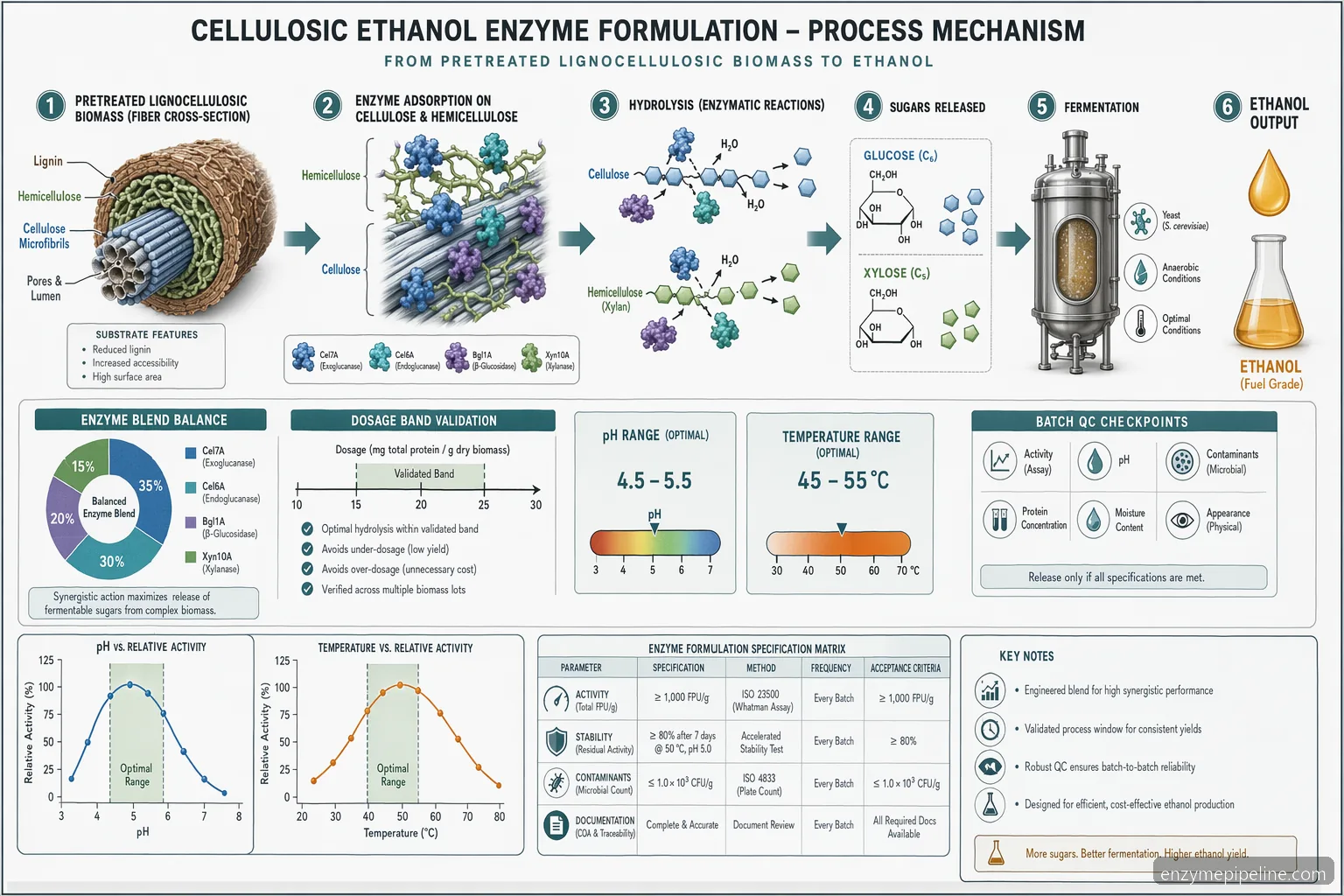 cellulosic ethanol enzyme supplier for cellulosic ethanol mechanism showing biomass hydrolysis, pH and temperature ranges
