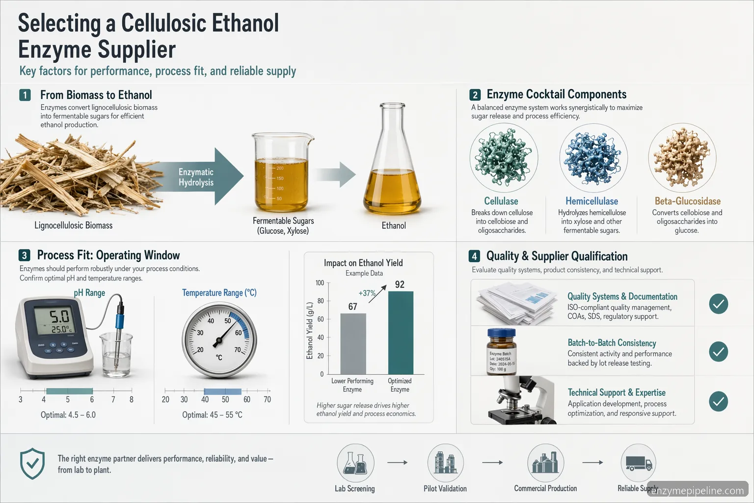 cellulosic ethanol enzyme supplier for cellulosic ethanol selection criteria, QC checks, and biomass process window