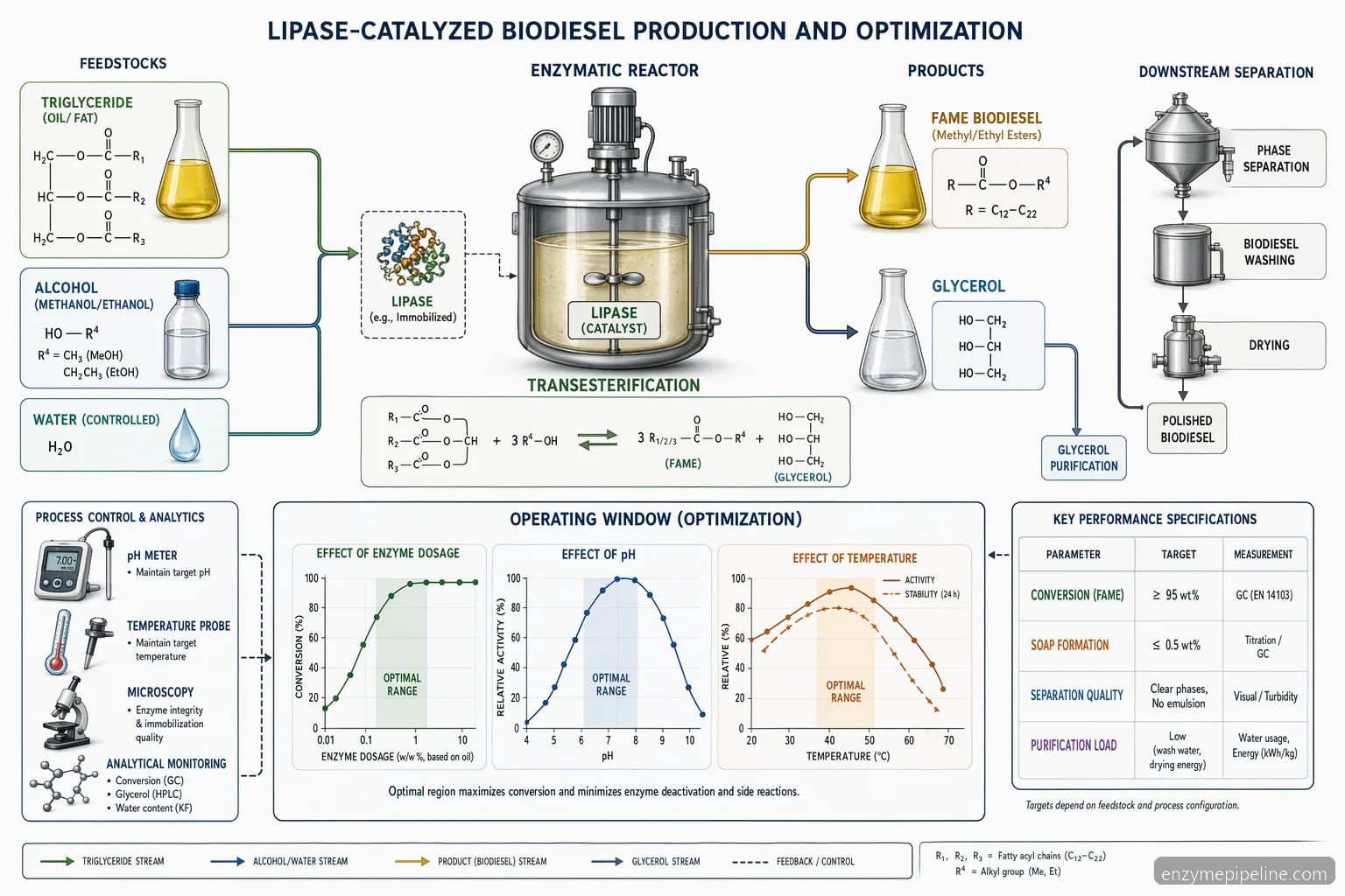 industrial biofuel enzymes biodiesel operating window diagram showing dosage, pH, temperature, water, and conversion flow