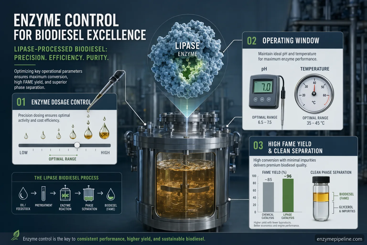 industrial biofuel enzymes biodiesel dosage control infographic with lipase, pH, temperature, water, and FAME yield