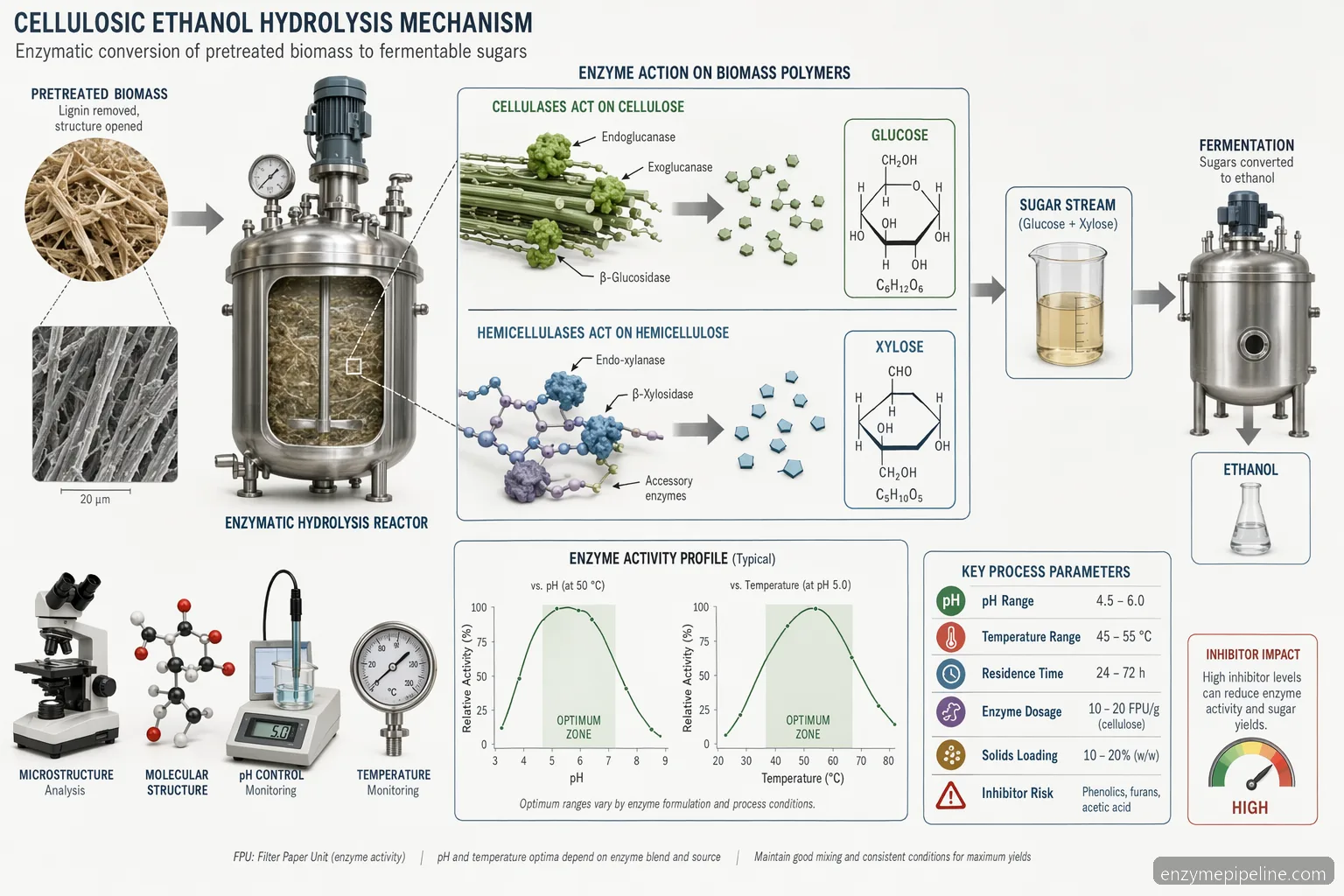 industrial biofuel enzymes cellulosic ethanol process guide with pretreatment-to-sugar flow, pH and temperature hydrolysis callouts