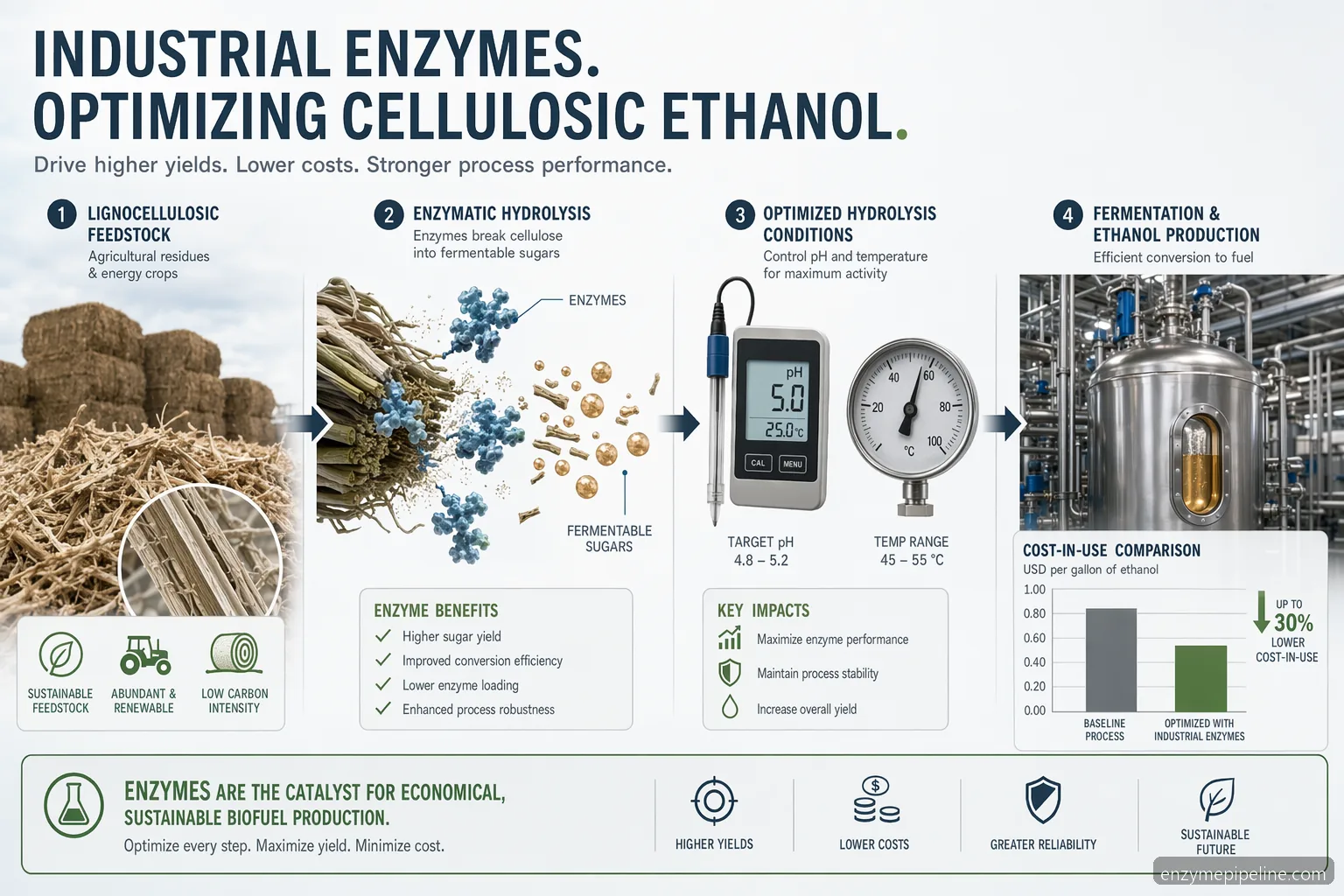 industrial biofuel enzymes cellulosic ethanol process guide showing biomass, hydrolysis controls, pilot validation, and cost metrics