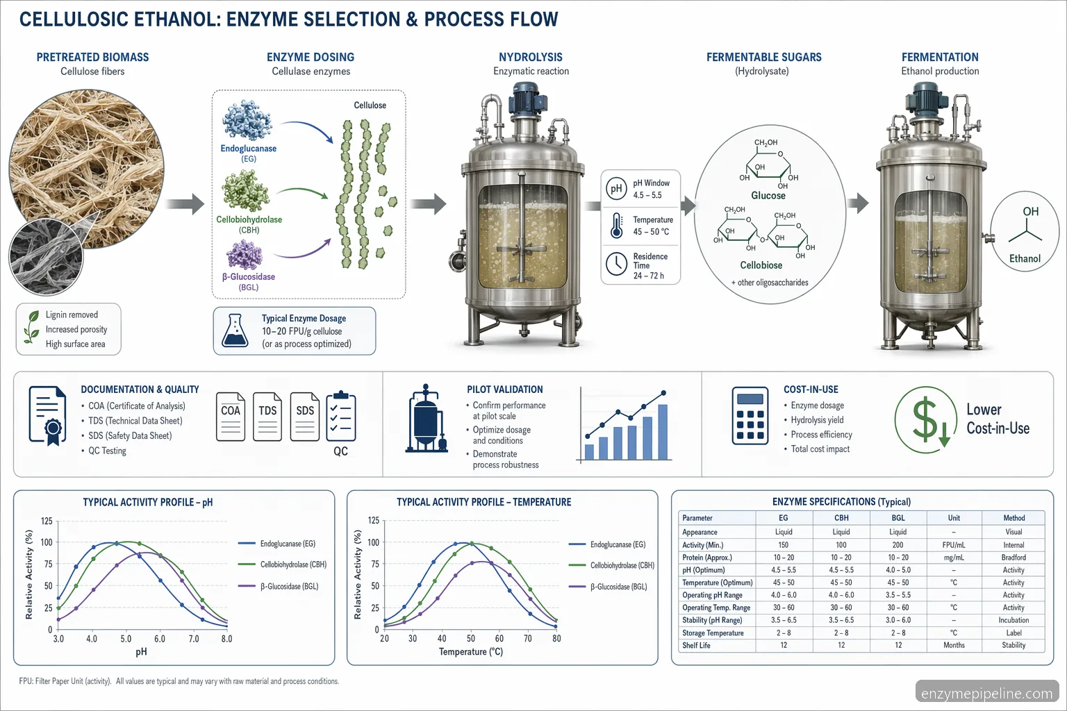 industrial biomass enzyme cellulosic ethanol process diagram mapping cellulose hydrolysis to sugars with pH and temperature curves
