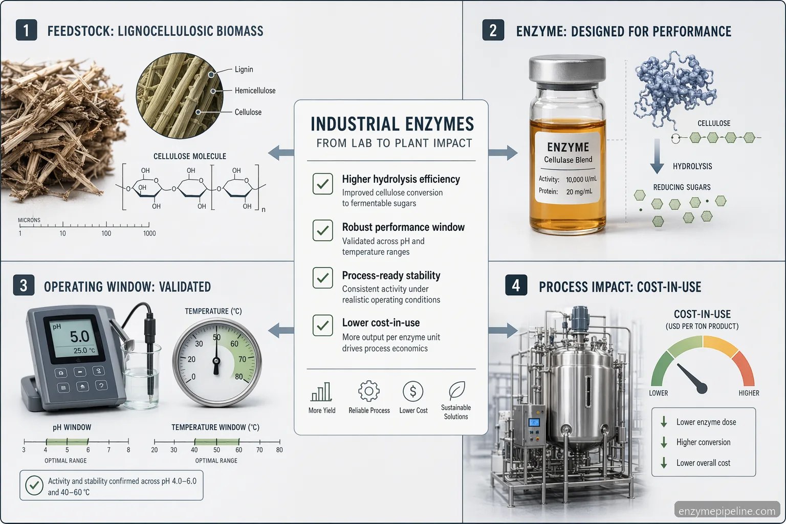 industrial biomass enzyme cellulosic ethanol specification checklist showing pH, temperature, dosage, and supplier QC checks