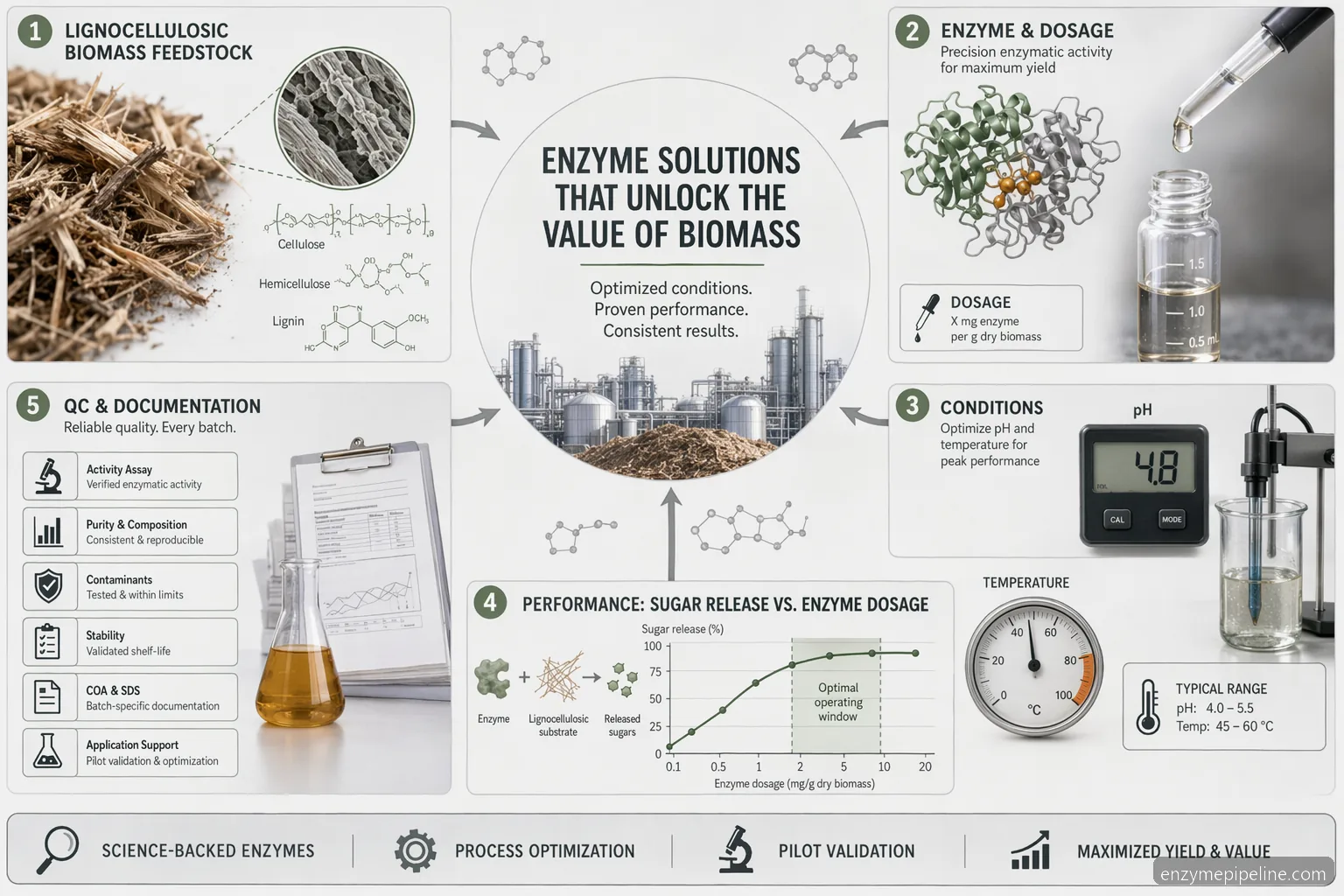 industrial cellulosic ethanol enzyme cellulosic ethanol article infographic with dosage, pH, temperature, and QC icons